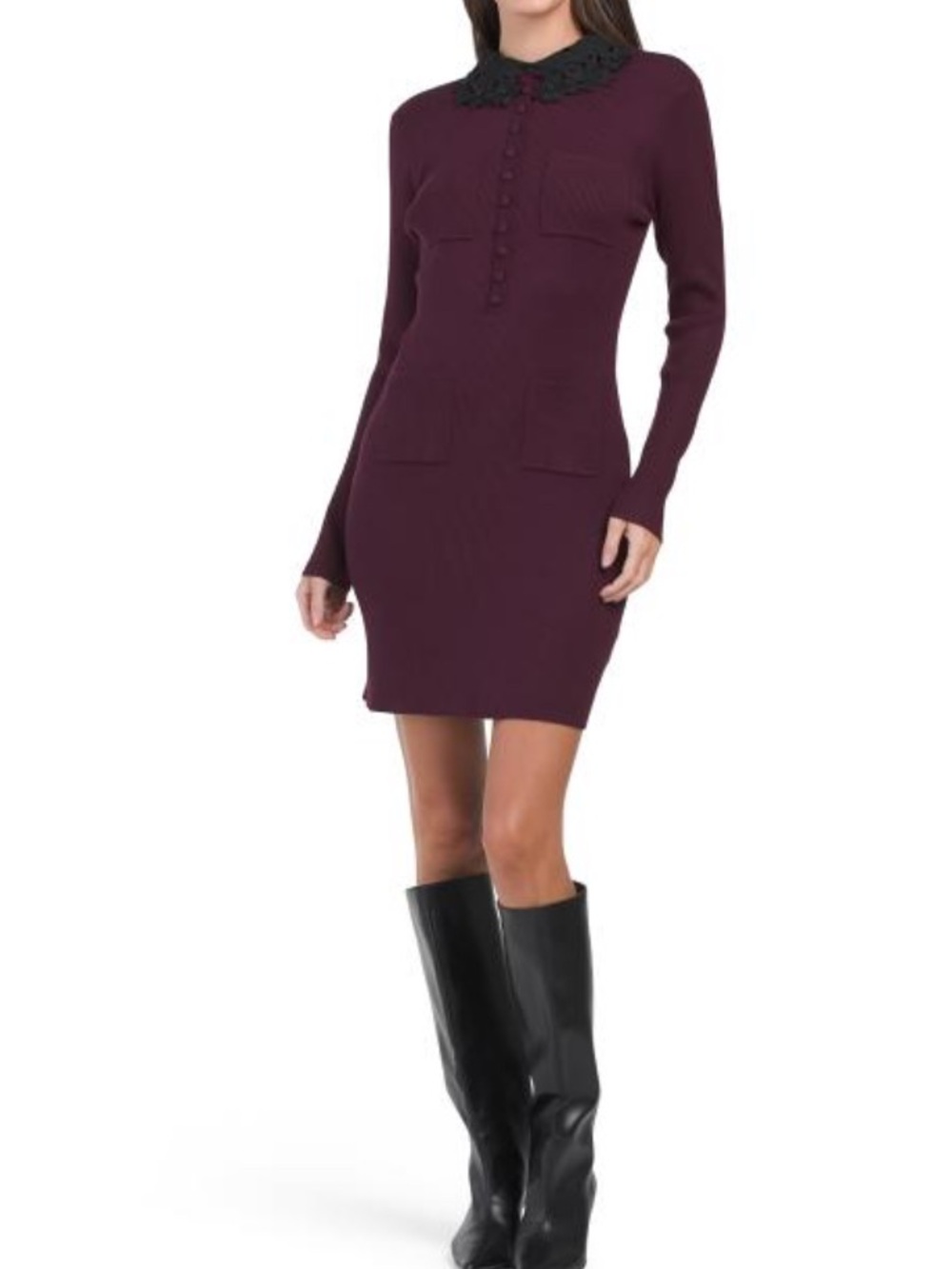 Ellen Tracy Long Sleeve Ribbed Dress with Lace Collar - Plum